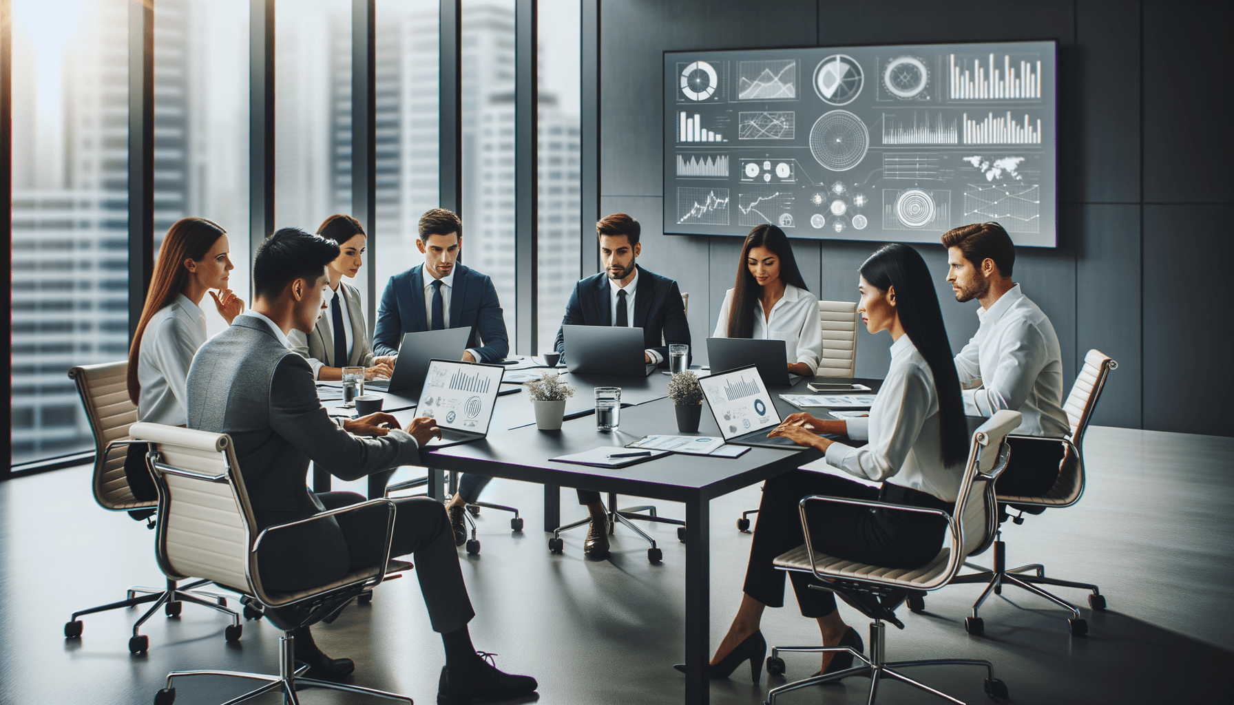 Business team strategizing around conference table with technology displays