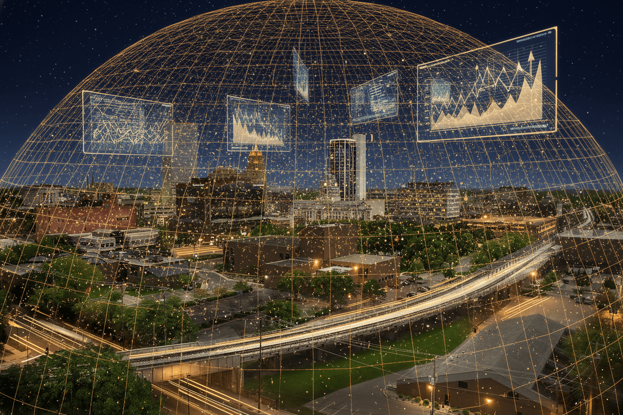 Fort Wayne skyline under golden AI data dome representing GPT-5.4 impact on local businesses